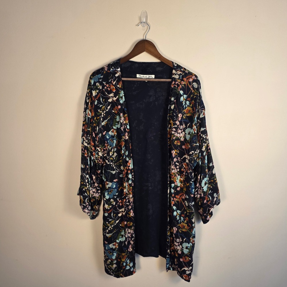 Michael Stars Kimono Cardigan Womens One Size‎ Navy Floral Open Front Longline